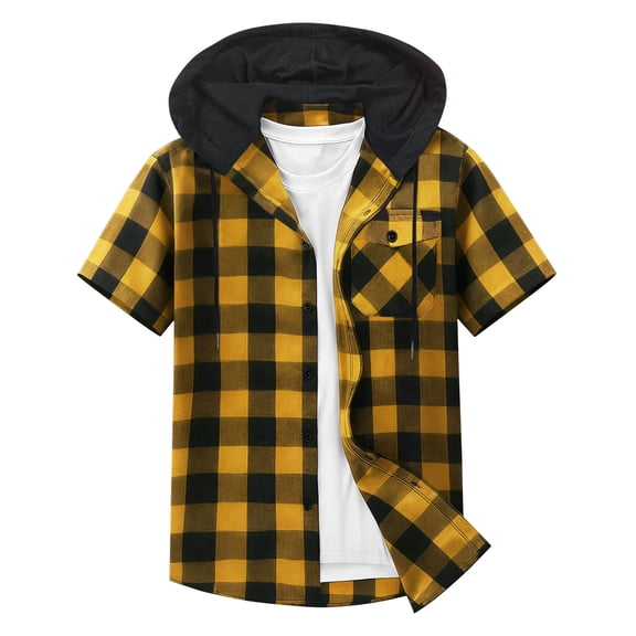 Stamzod Summer Hoodies for Men Short Sleeve Casual Button Up Plaid Hoodie with Pocket Plus Size Hooded Sweatshirt Men's Clothing Yellow B S