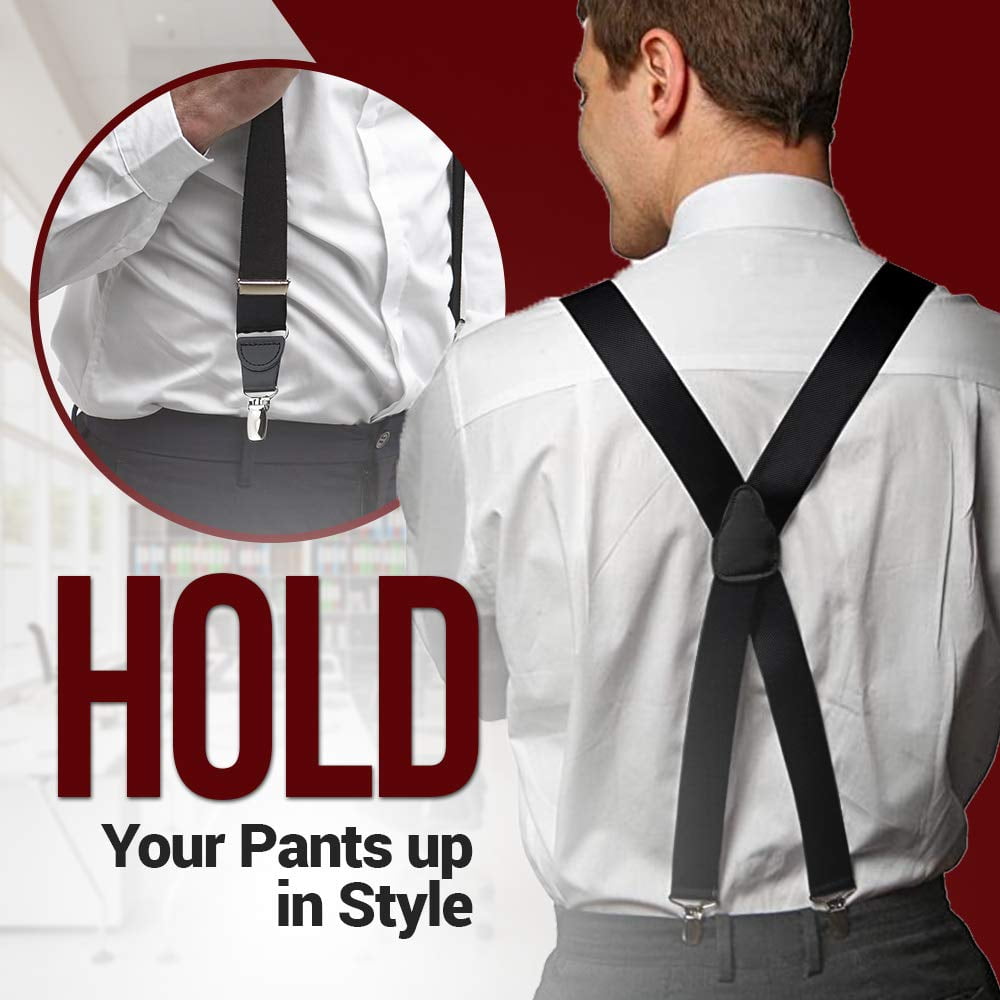 Mens Elastic No Slip "Pin Clip" x Back Suspenders With Leather Trim - Black (Available in 2 Colors)