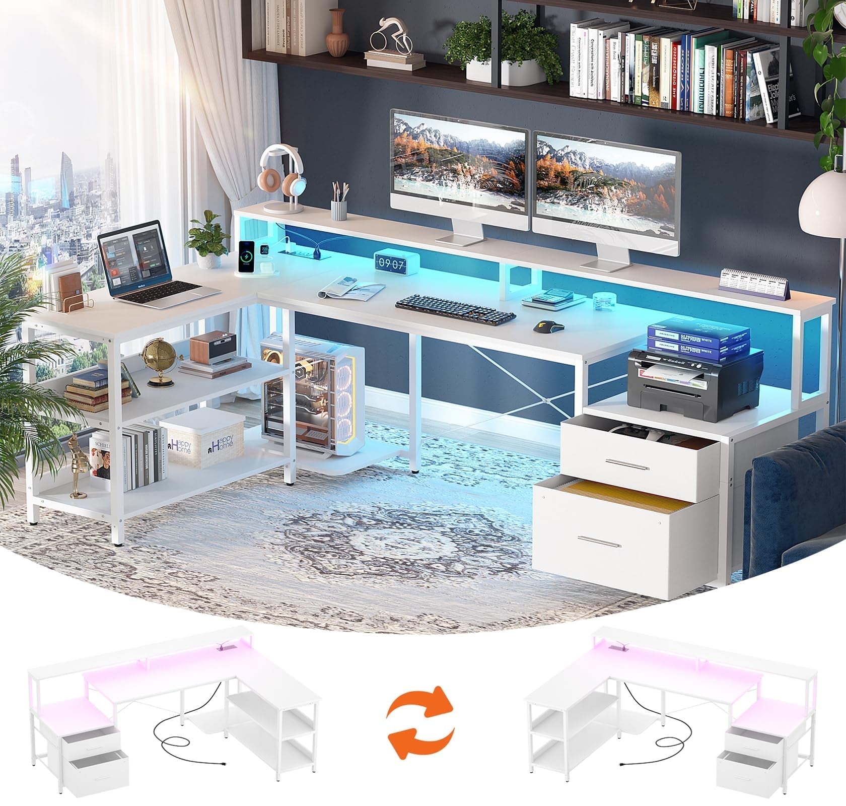 Homieasy L Shaped Desk with Power Outlet, Reversible L Shaped Computer Desk with File Drawer & Monitor Stand, Gaming Desk with LED Strip, Home Office Desk Corner Desk with Storage Shelf, White