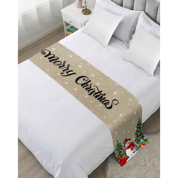 Xipuska Christmas Snowman Bed Runners for Twin Size Bed, Decorative Bed Throws for Foot of Bed, Brown Winter Snowflake Xmas Pine Tree Bed Runner Sofa Throw Bedding Scarf Slipcover for Bedroom