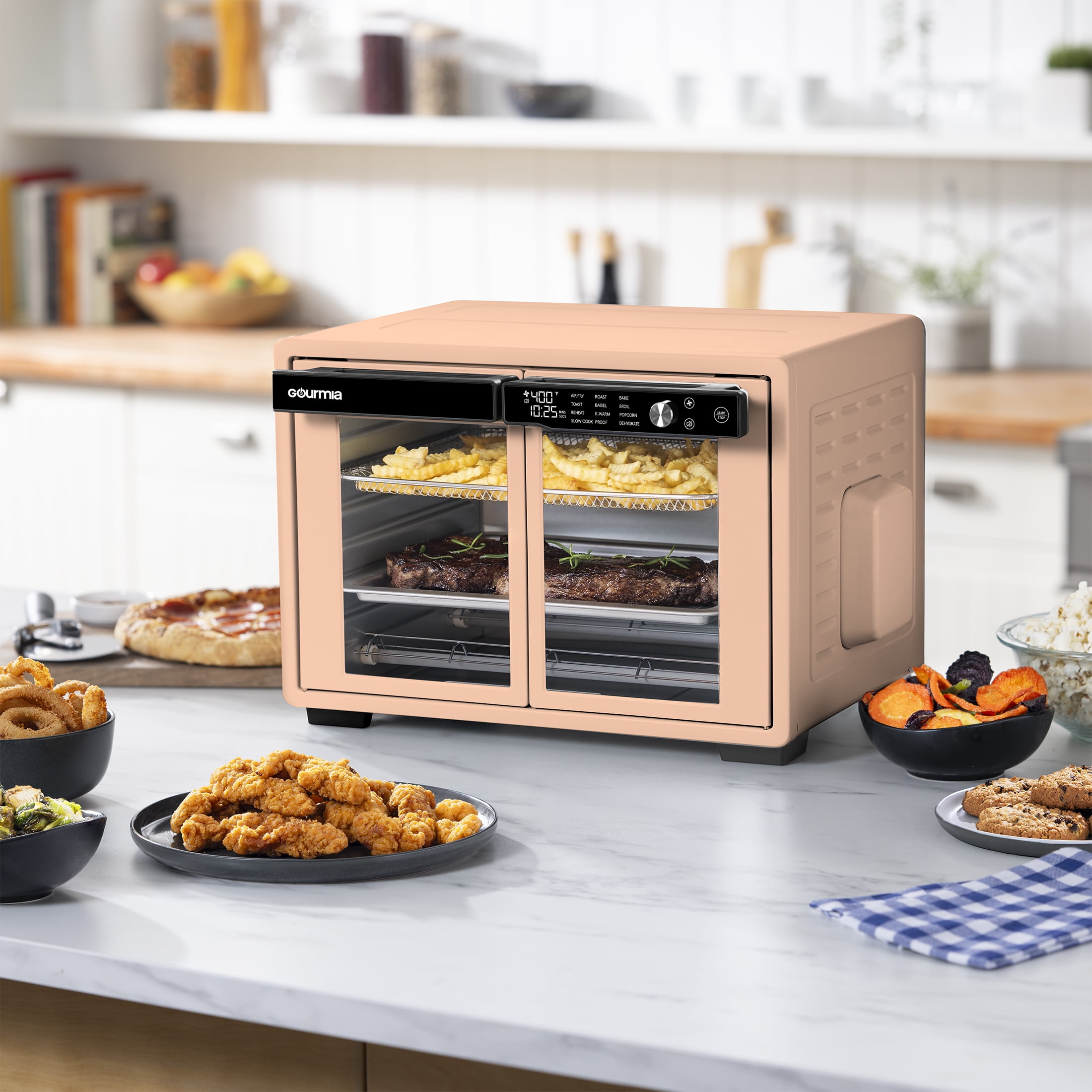 Gourmia 37 Qt Air Fryer French Door Toaster Oven, 9-Slice Capacity, 12 Cooking Presets, Peach