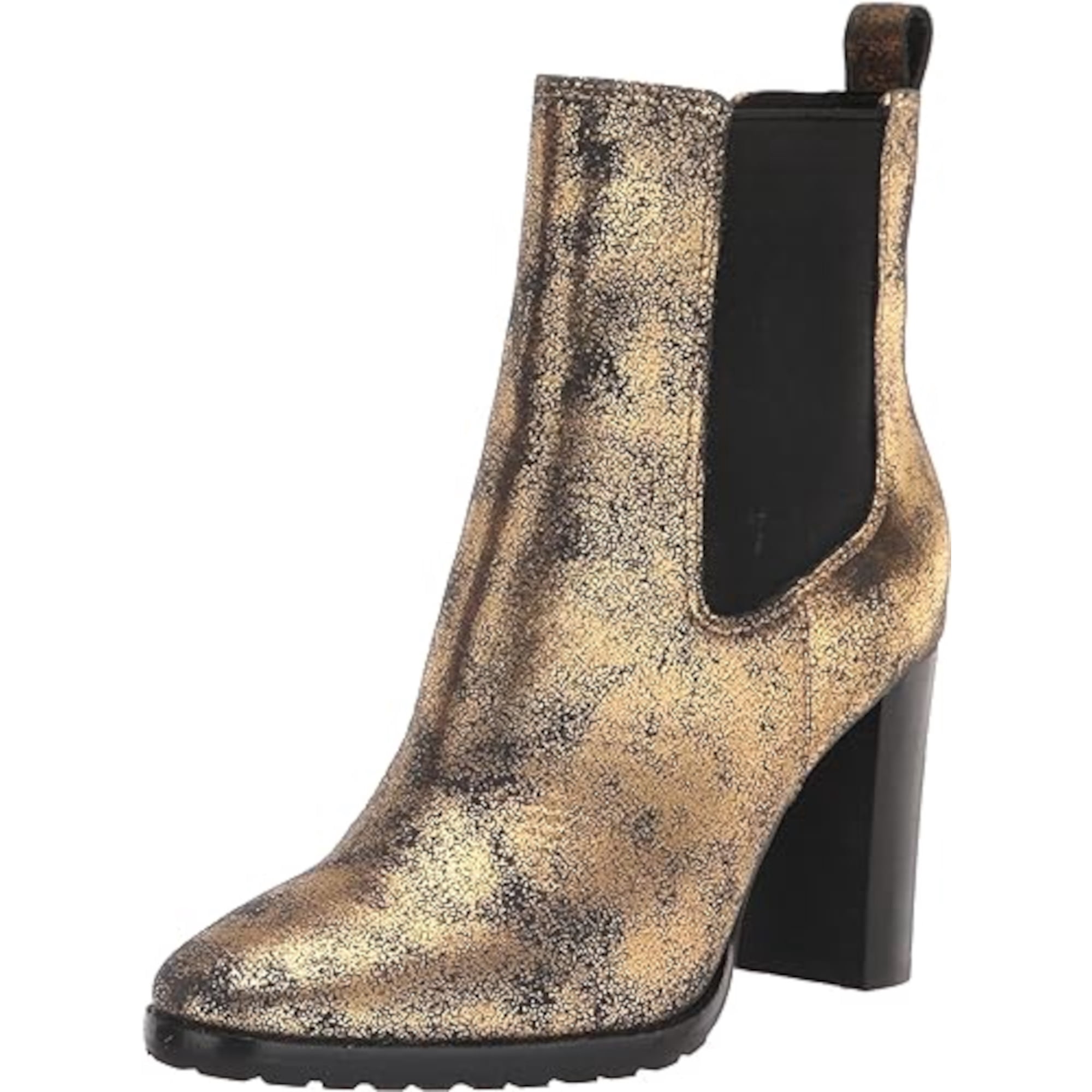 GUESS Womens Gold Pull Tab Metallic Goring Mylah Almond Toe Block Heel Slip On Leather Heeled Boots 10 B