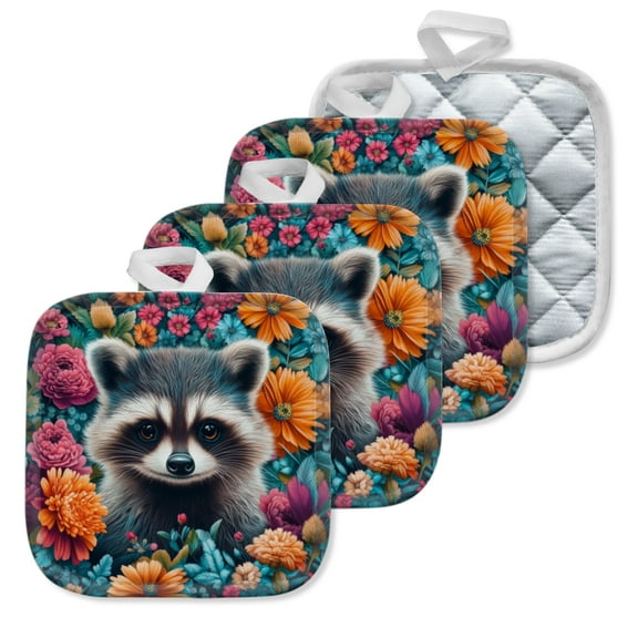 4 Pack Pot Holders,Kitchen Essential, Potholder Set,Raccoon Surrounded By Flowers Illustration