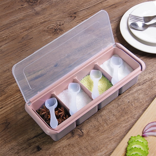 Kitchen Seasoning Rack Spice, Acrylic Seasoning Box, With Spoon Durable 4 Compartments For All Kinds Of Condiments Sugar, Salt, Jams