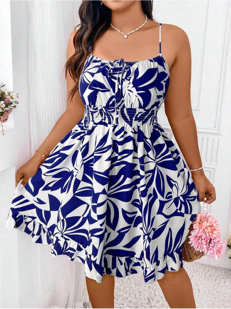 Plus Size Boho Ditsy Floral Print Tie Front Ruffle Hem Cami Dress for Summer Vacation Beach Outfits