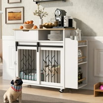 Pefilos 33" Dog Crate Furniture with Wheels, Wooden Indoor Dog Cage Kennel for Small/Medium, Kitchen Island Dog House, White