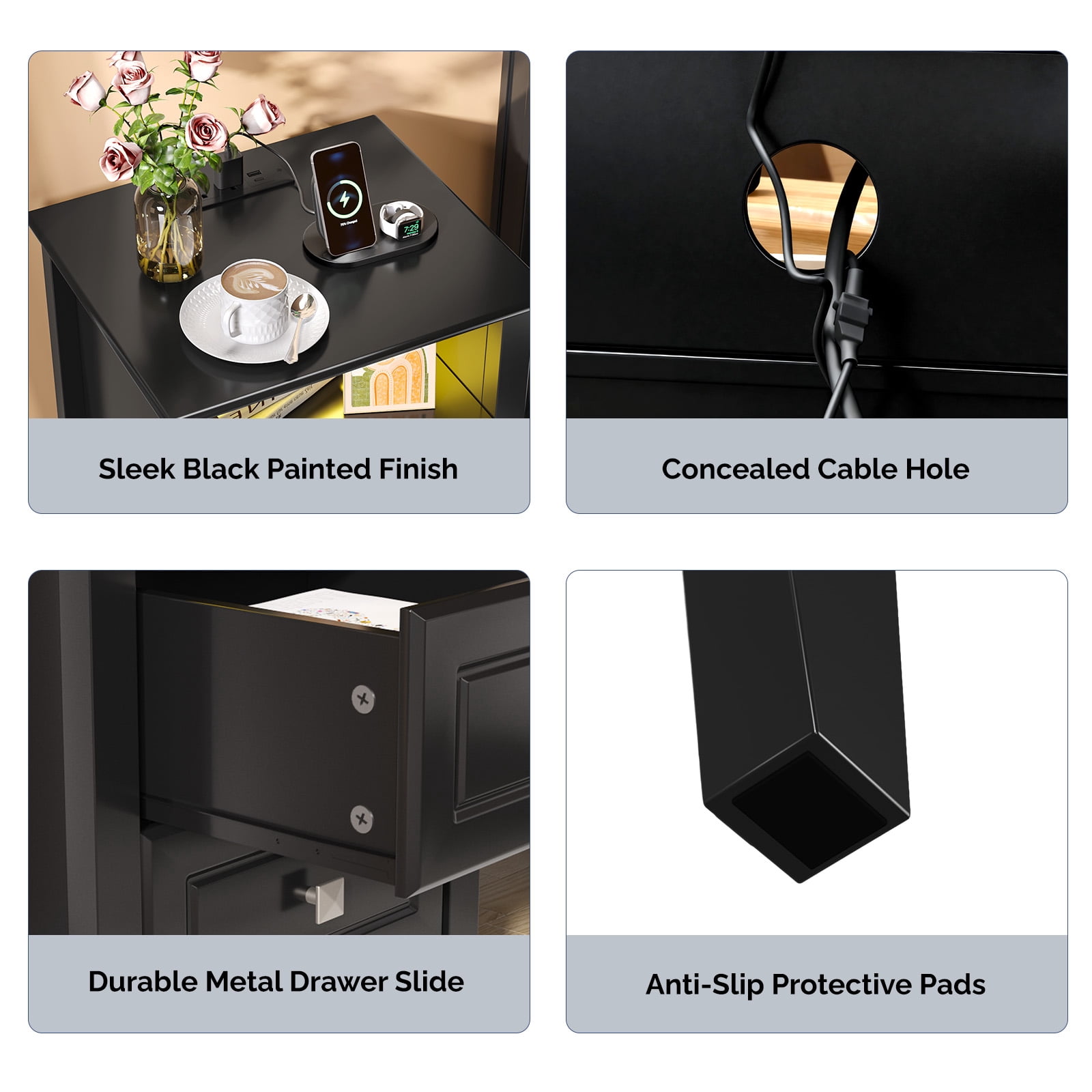 Astoutdoor 2-Drawer Bedside Table with Shelves, Socket, and 16-Color Light, Black, 15.75 x 13.78 x 23.62 in