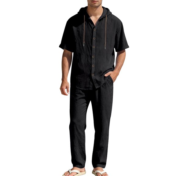 Awwp Men Set Summer Matching Set for Men Holiday Shor Sleeve Shirts 2 Piece Sets Trendy Long Pants Button Button With Hooded Black L