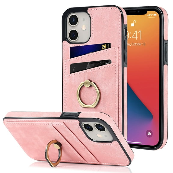 Compatible with iPhone 12 Mini Case Wallet with Card Holder, 360°Rotation Finger Ring Holder Kickstand Premium PU Leather Soft TPU Anti-Drop Back Phone Cover For iPhone 12 Mini, Pink