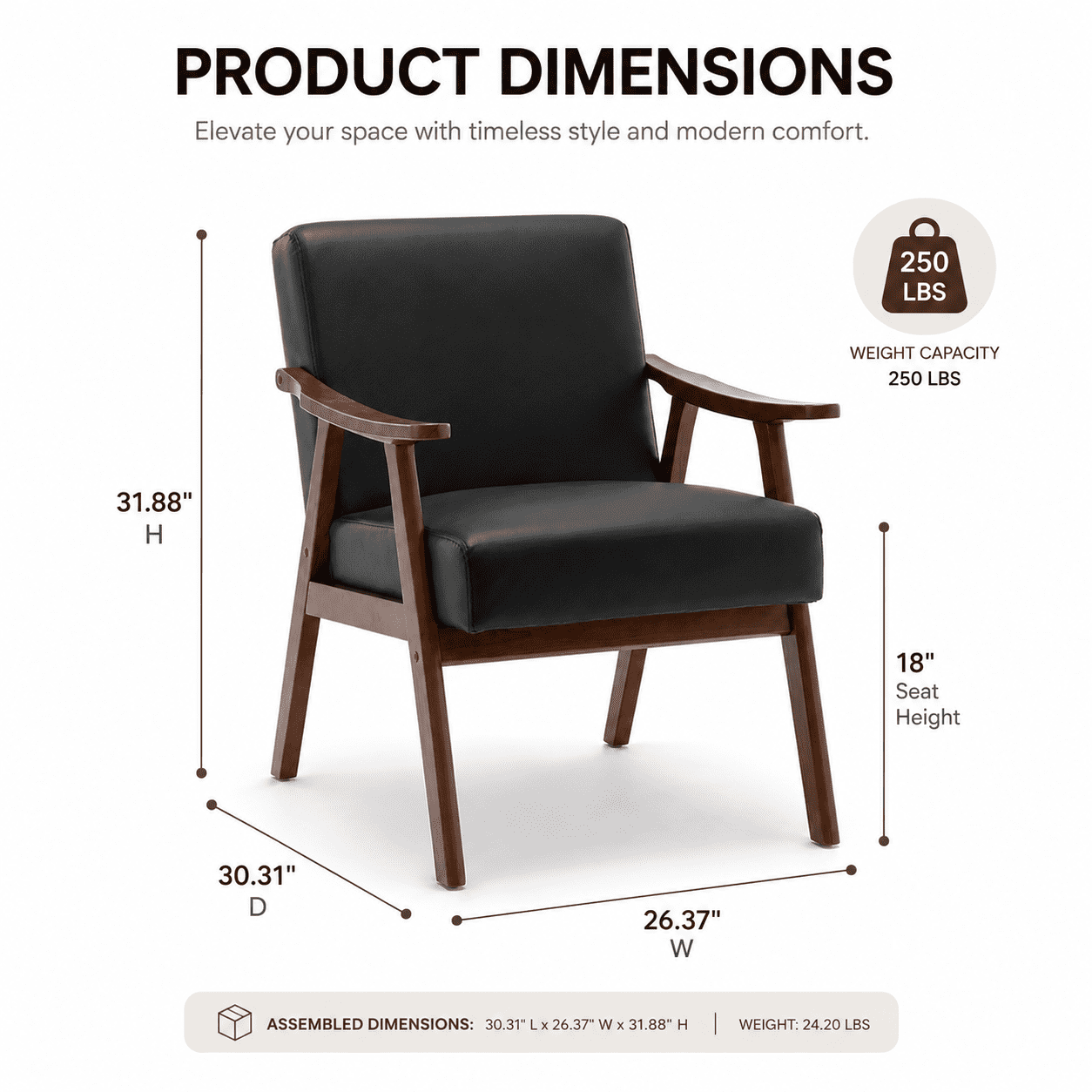 MOONMISS Mid Century Modern Accent Chair Solid Wood Frame Microfiber Living Room,Black PU