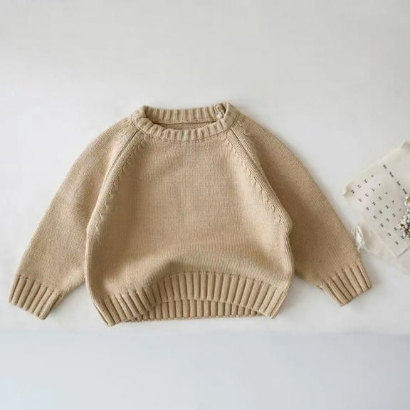 Spazoro Toddler Girls Boys Sweaters, Crew Neck Casual Thickening Long Sleeve Warm Shirts for Child Girls Beige Size 4 T