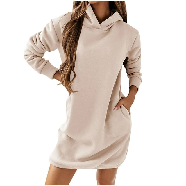 KIHOUT Robe Chandail pour Femmes à Manches Longues avec Poche, Chandail à Capuchon à Enfiler, Robe, Taille, Chandail en Molleton, Hauts Unis