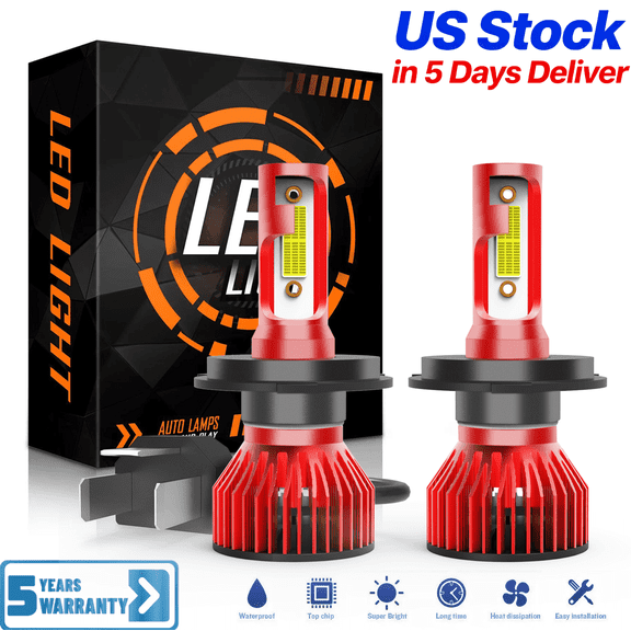 AQJ H4/9003 LED Headlight Bulbs Hi/Low Beam, 30,000LM 600% Ultra-Bright Bulb, Plug & Play 6,500K Cool White, IP68 Waterproof Plug with Cooling Fan, Pack of 2, CANbus Ready