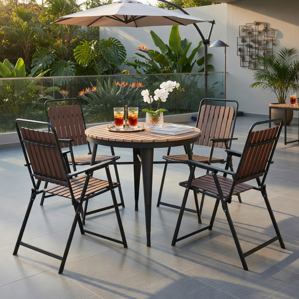Hommoo 4-Pack Heavy-Duty Folding Patio Chairs, Breathable PP Seat & Back, Compact Foldable Design for Backyard, Balcony & Porch, Coffee Brown