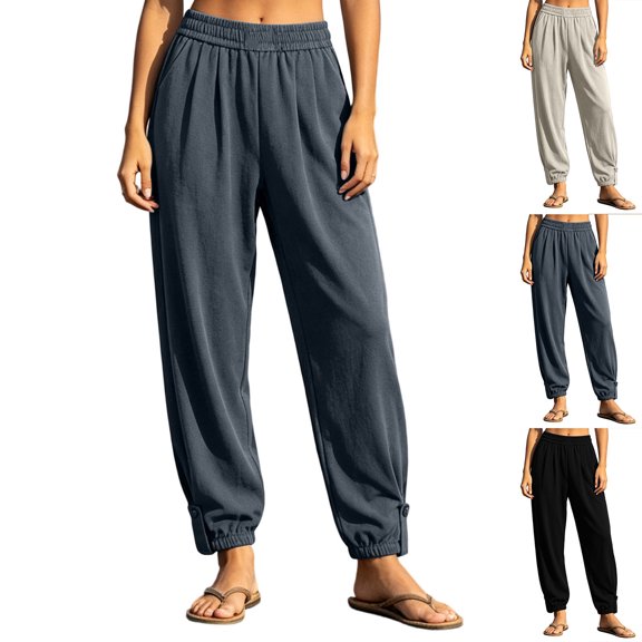 LIaqionyy Women Pants Casual Flowy Pant Elastic Waist Jogger Vacation Beach Lightweight Lounge Trousers with Pockets