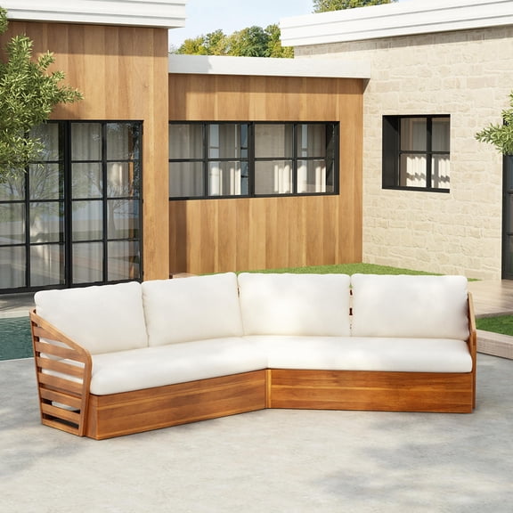 Outdoor Sectional Sofa Set for Patio Poolside, Beige Cushions | Teak Finish | Acacia Wood