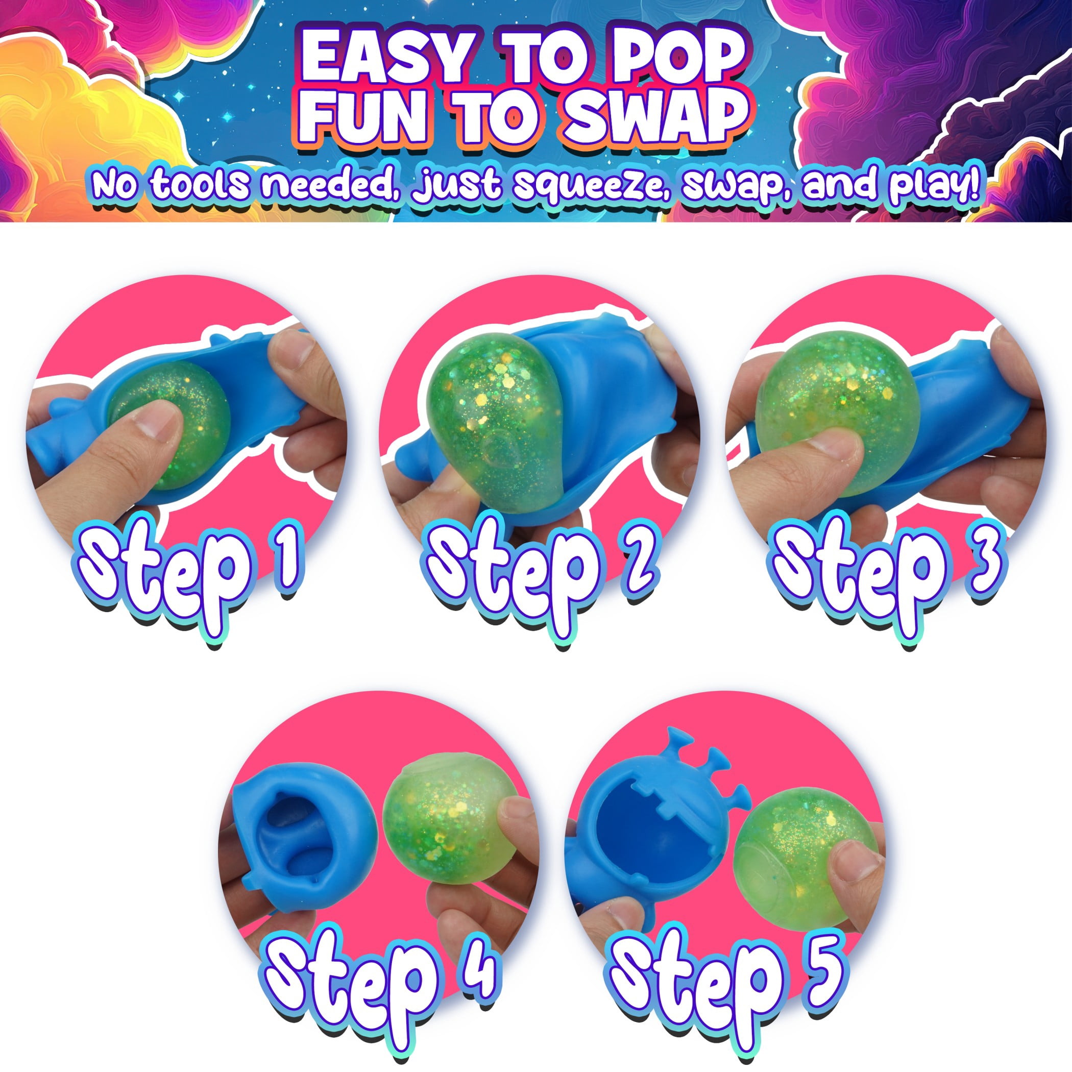 Power Your Fun Glitter Gobblers Squishy 6 pack Fidget Toys for a Child Age 3+ & up