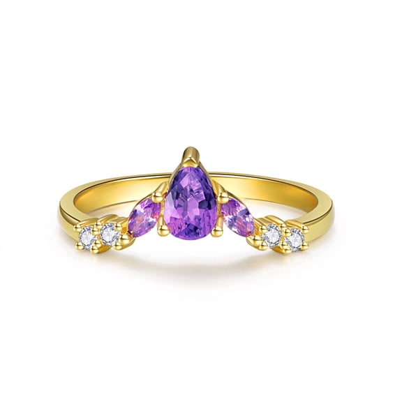 TANGPOET 925 Sterling Silver Crown Ring with Purple Cubic Zirconia Stone