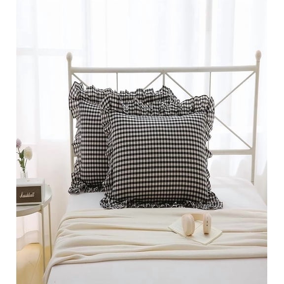 2 Pack Black White Plaid Euro Pillow Shams with Ruffles Checkered Pillowcases Gingham Pillow Cases Washed Cotton Farmhouse Cottage Pillow Covers for Bed/Sofa(26X26inches,Black/White Plaid)