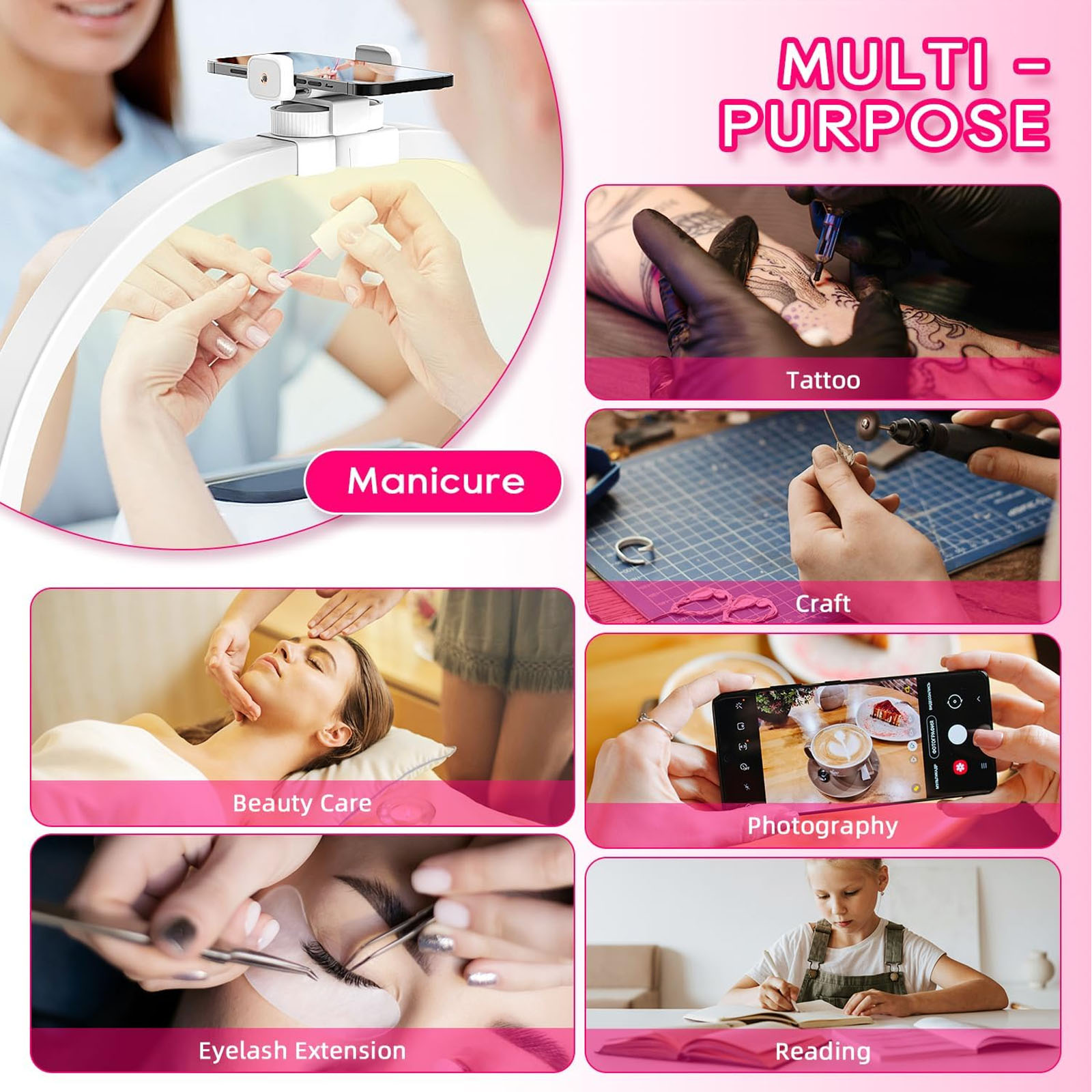 Half Moon Light for Nail Desk, Foldable Nail Lamp with Phone Holder,  Nail Desk Lamp, 3 Modes 10 Brightness, Portable Half Moon Lamp Arch Light for Lighting/Nail Art/Beauty/Eyelashes/Tattoos