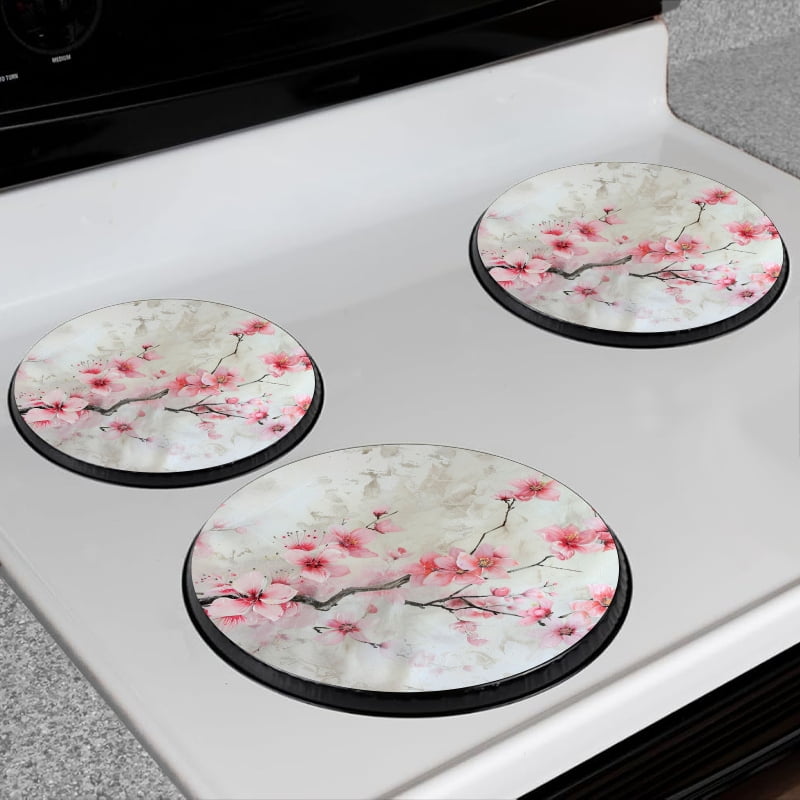 Bahomeck Electric Stove Burner Covers Set Of 4,Beautiful Pink Cherry Blossom Painting On Textured Paper Metal Gas Stove Burner Covers,Protecting Gas Stoves,8 Inch And 10 Inch