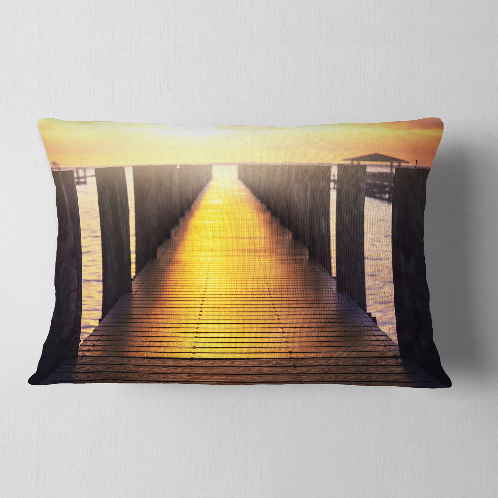 Designart Sea Bridge with Sunset Reflection - Seashore Throw Pillow - 12x20