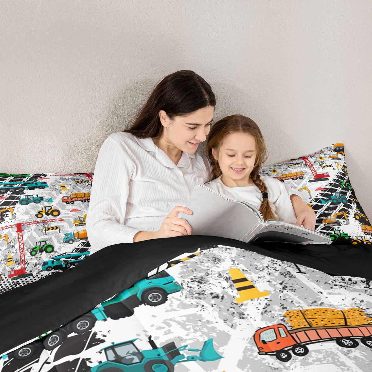 Manfei Cartoon Excavator Vehicle Queen Comforter Set,Equipment Truck Crane Bedding Sets,Retro Geometric Circle Bedding Comforter Set For Boys,Breathable Home Decor Reversible,3pcs