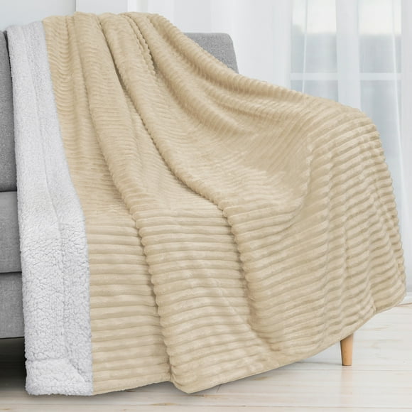 PAVILIA Reversible Sherpa Fleece Throw Blanket Cream Beige, Plush Flannel Throw, Ultra Soft Warm Ribbed Microfiber Blanket for Sofa Couch Bed, Luxury Thick Striped Blanket, Beige, 50x60