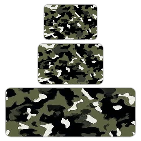 RKSupls Kitchen Rug Set 3 Piece Anti-Slip Flannel Floor Mats, Camouflage Green Washable Absorbent Runner Mats for Kitchen Bathroom Home Decor