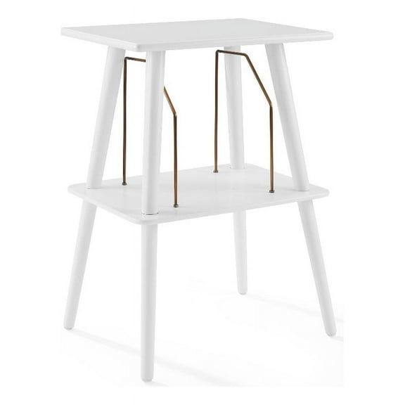 Pemberly Row Mid-Century Wood & Metal Turntable Stand in White & Gold