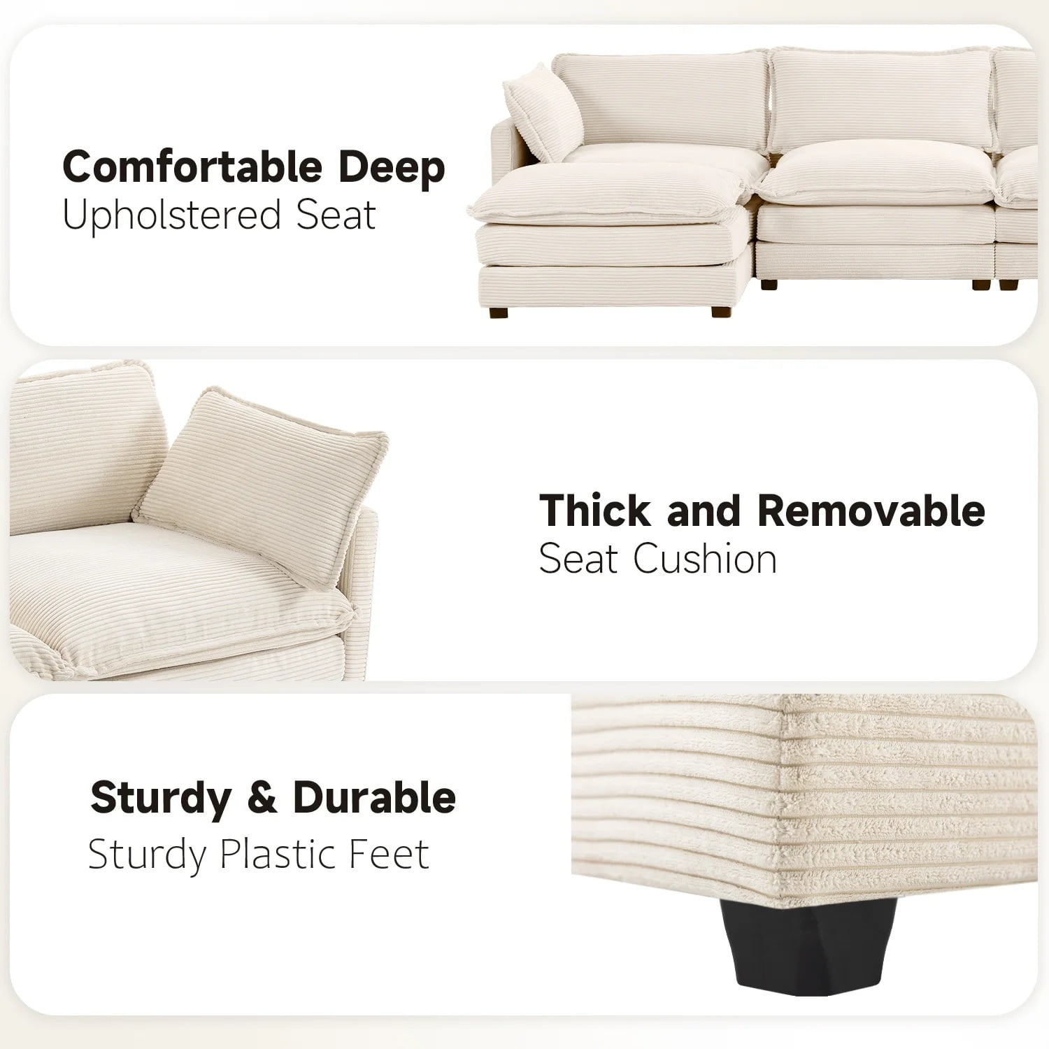 JUSTLET U-Shaped Sectional Sofa Set, Indoor Furniture Convertible Modular Corduroy Sectional Sofa Set with 2 Ottomans for Living Room,Beige