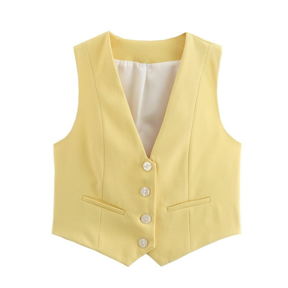 DondPO Womens Vest Women's V Neck Buttons Vest Summer Elegant Chic Sleeveless Single Breasted OuterwearVests Female Waistcoat Tops Women's Outerwear Vests Vest Women Trendy Yellow L Clearance！