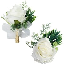 2Pcs Corsage And Boutonniere Set, Artificial Wrist Corsage Set, White Boutonniere Wrist Flowers Suit For Groom Bridal Bride Groomsmen Bridesmaids Best