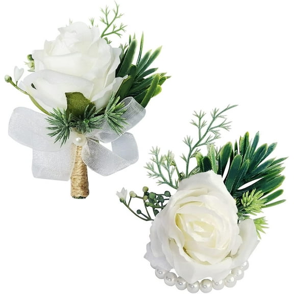 2Pcs Corsage And Boutonniere Set, Artificial Wrist Corsage Set, White Boutonniere Wrist Flowers Suit For Groom Bridal Bride Groomsmen Bridesmaids Best