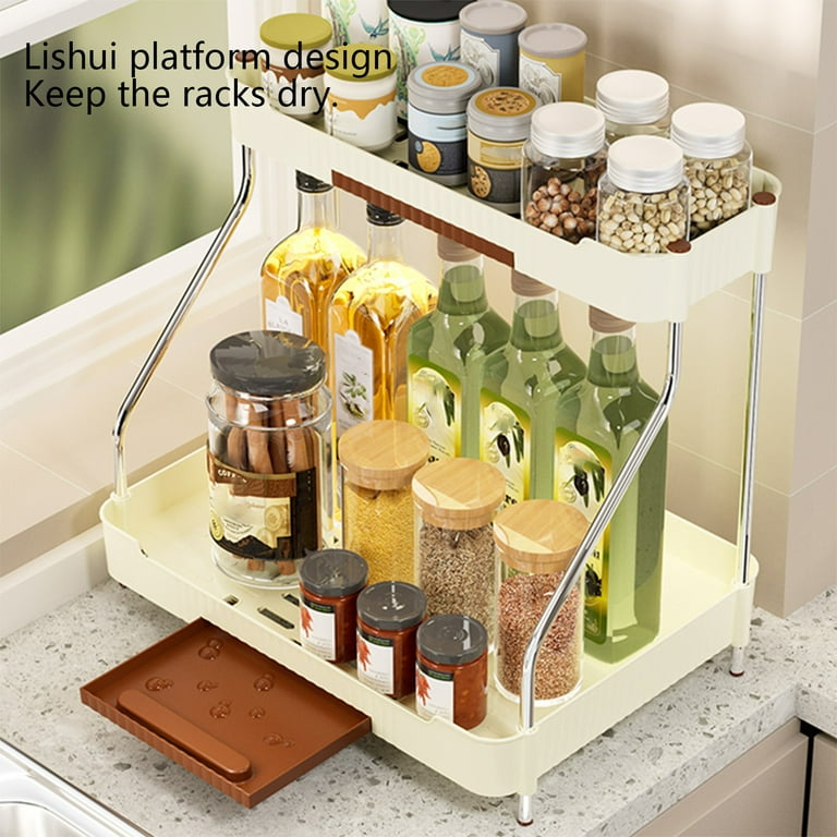 Beige Compact Kitchen Counter Organizer With Slanted Shelves