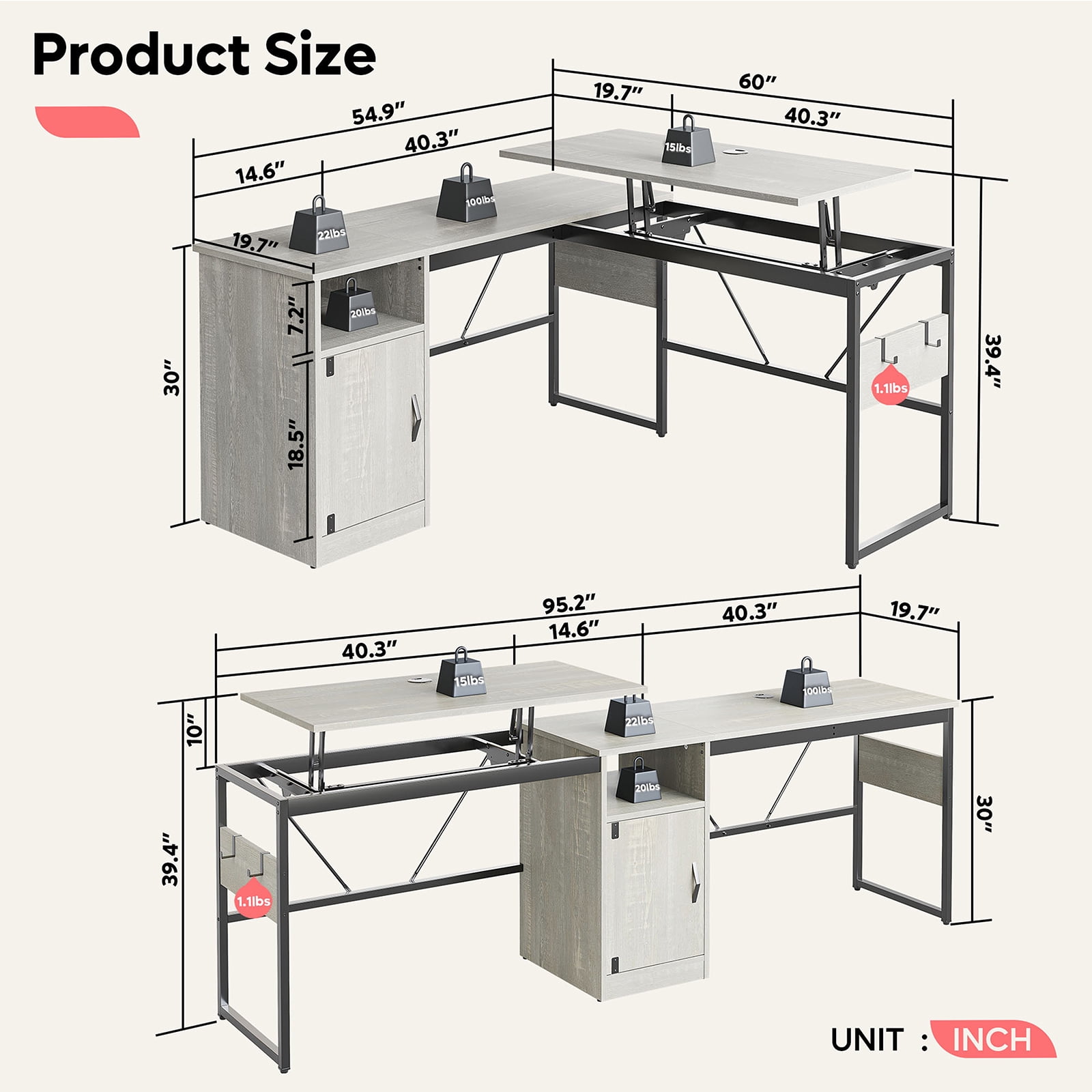 Bestier Versatile 60 Inch L-Shaped Standing Desk, Lift Top Corner Desk Extending to 95 Inches with Storage Cabinet and Hooks for Home Office, Washed White