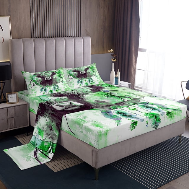 YST Ensembles de Draps Imprimés Vache des Highlands pour Enfants Enfant Attrape-Rêves Tribal Ensembles de Draps de Lit, Literie Faune Animale Format Simple Vert Feuilles Peinture à l'Huile, Drap Plat Ombré Moderne