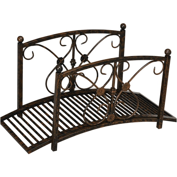 JERFIT 3.3FT Decorative Metal Garden Bridge with Floral Scrollwork, Arched Footbridge for Ponds, Streams & Landscaping, 264lb Capacity, Weather-Resistant Brown Finish