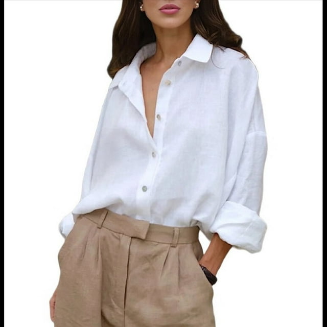 Camisas de de Algodón de Larga con Botones para Mujer, Blusas Informales con Cuello, Corte Holgado. S