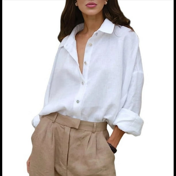 Camisas de de Algodón de Larga con Botones para Mujer, Blusas Informales con Cuello, Corte Holgado. S