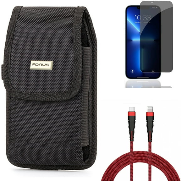 Case Belt Clip & Privacy Screen Protector & PD Cable for iPhone 13/Pro - Combo with Rugged Holster Canvas & Tempered Glass Curved Anti-Spy & 6ft USB-C to iPhone Charger