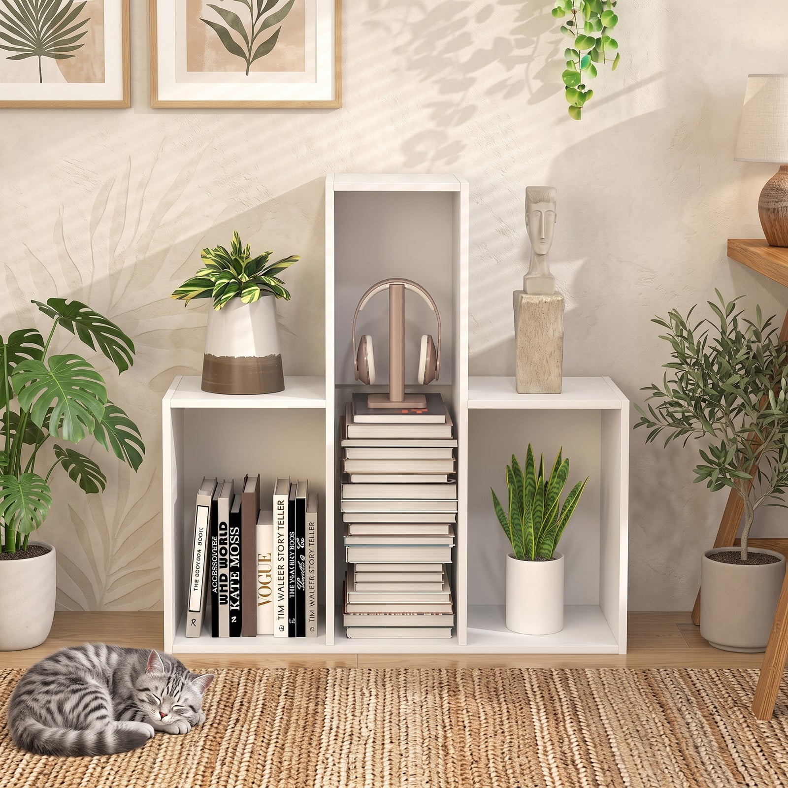 Furnibear Convex Bookshelf, Geometric Bookcase with 3 Open Shelves and Anti-Toppling Device, Freestanding Engineered Wood Display Storage Rack for Living Room, White