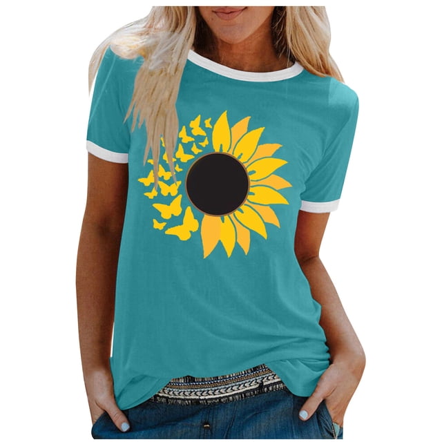 Gibobby Playera de Manga Corta con Cuello Redondo Blusa informal con cuello redondo para mujer, camiseta manga corta con estampado girasoles en color, camiseta vacac(Azul,G)