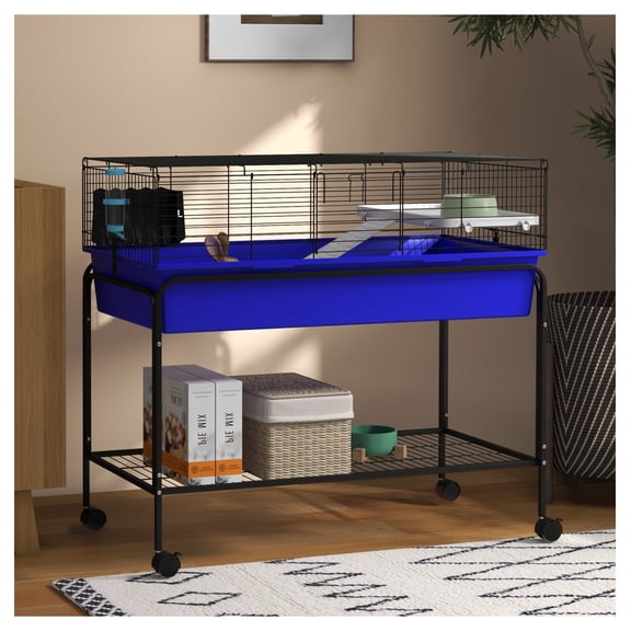 Small Animal Cage Two Story with Stand & Wheels, 39x20.5x36.5in, Removable for Rabbits, Guinea Pigs, - Blue