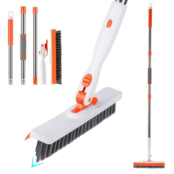 HOARBOEG Updated Version Floor Scrub Brush with Long Handle, 2 in 1 Stiff Bristles Scrubber Mop with Squeegee Can be rotated 180° for Cleaning Deck Tile Tub Garage Patio Wall Sink Bathroom Kitchen