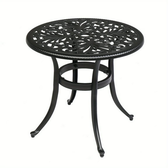 24"Round Cast Aluminum Patio Table - Antique Black - Umbrella Hole - Weatherproof for Poolside & Deck"