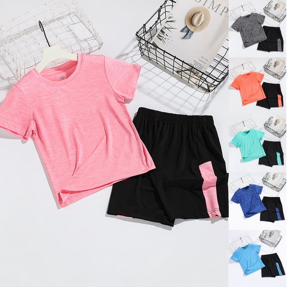 larppty 2PC Baby Boy Athletic Shirts Short Sleeve Dry Fit Sports T-Shirts Crew Neck Activewear Tees Tops for Kids Teens(Red, 4-5 Years)