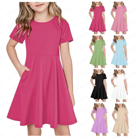 Einccm Girls Casual Short Sleeve Dress with Pockets, Round Neck A-Line Knee Length Twirl Dress, Loose Summer Play Dress for School Vacation Daily Wear, Kids and Big Girls Clothing for 4-14 Years