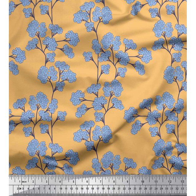 Soimoi Moss Georgette Fabric Yellow Blue Flower Floral Print Fabric by the Yard 42 Inch Wide