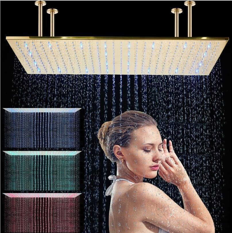 Brushed Gold 16X32" LED Rain Shower Head Large Rainfall Shower Head Ceiling Mounted Rectangle Embedded Type